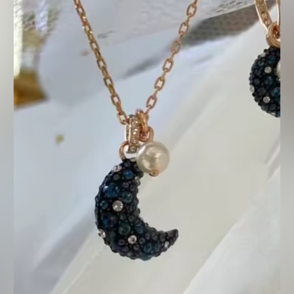 18K Gold Blue Moon Pave Crystal Celestial Bohemian No Fade Pendant Necklace - Picture 5 of 7